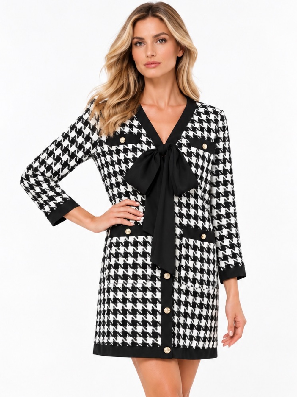Tuckernuck Pomander Place tweed black & white herringbone bow sheath Dress- S